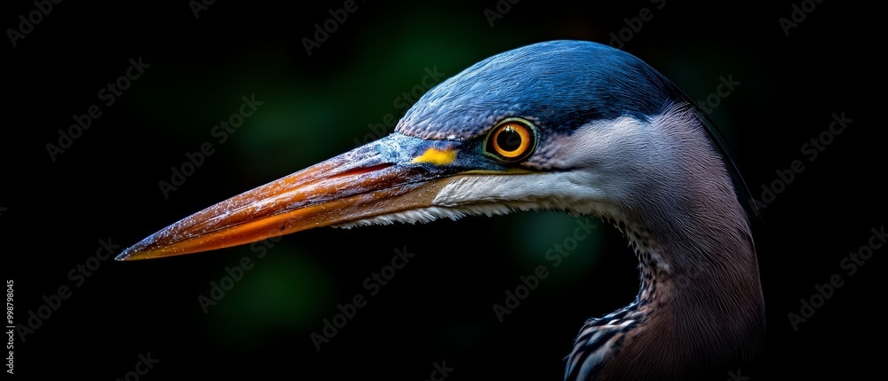 orange beak contrasting against a blue head on a black backdrop orange beak contrasting against a blue head on a black backdrop