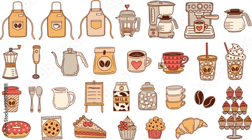Coffee and pastry shop elements lined illustration set. Barista accessories and tools, cafe appliance and equipment, coffee drinks, pastry desserts and more. Hand drawn vector illustrations.
