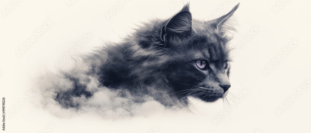 A monochrome image of a feline's face with smoke emanating from its eyes A monochrome image of a feline's face with smoke emanating from its eyes
