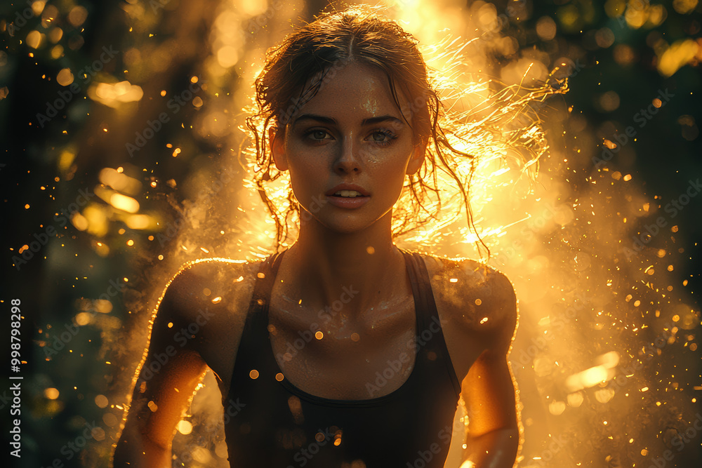 A woman running through a forest, with sunlight streaming through the trees, symbolizing health, fitness, and nature. A woman running through a forest, with sunlight streaming through the trees, symbolizing health, fitness, and nature.