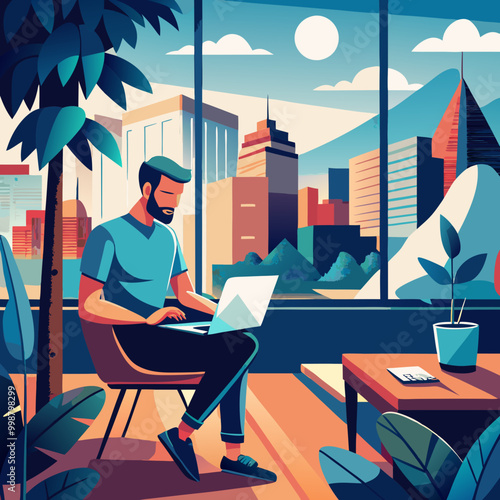 Focused man working on a laptop in a stylish chair with a vibrant cityscape view through the window
