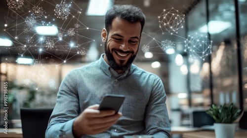 A person uses a smartphone amidst a vibrant, futuristic cityscape, with holographic data overlays highlighting technology and connectivity.