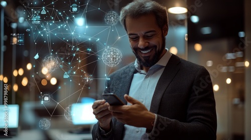 A person uses a smartphone amidst a vibrant, futuristic cityscape, with holographic data overlays highlighting technology and connectivity.