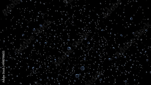 Water droplets in a dynamic scattered arrangement on black, Generative AI
