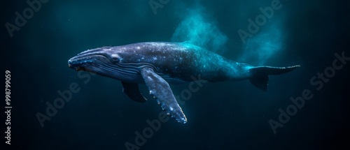  A humpback whale swims in the deep blue ocean, surfacing for itshead