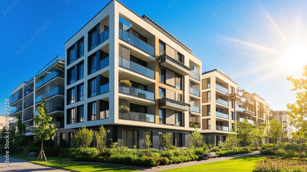 Contemporary luxury residential apartment. Modern building bathed in sunlight. Apartment complex against a clear blue sky. Facade of a state-of-the-art apartment building. Contemporary luxury residential apartment. Modern building bathed in sunlight. Apartment complex against a clear blue sky. Facade of a state-of-the-art apartment building.