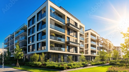 Contemporary luxury residential apartment. Modern building bathed in sunlight. Apartment complex against a clear blue sky. Facade of a state-of-the-art apartment building. 