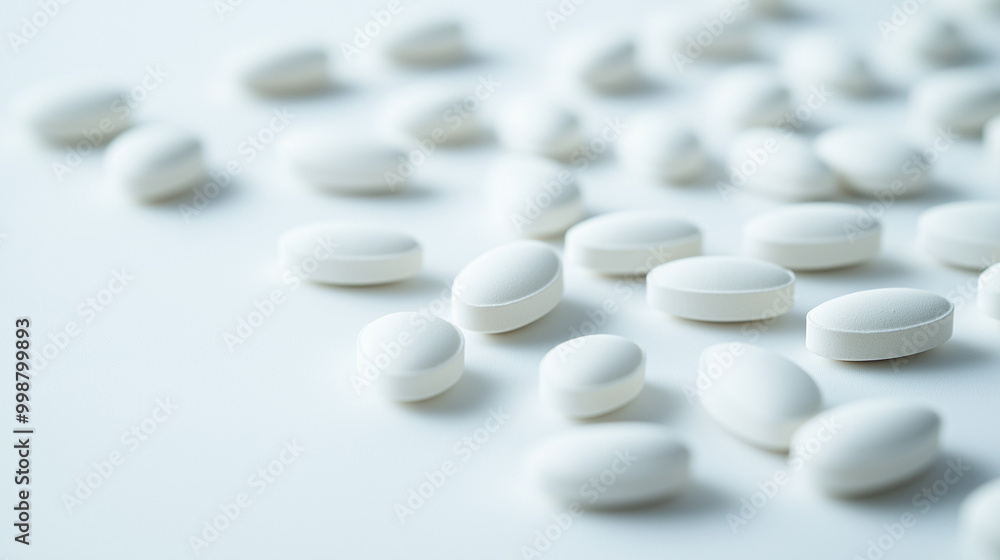 White pills scattered on light background with copy space White pills scattered on light background with copy space