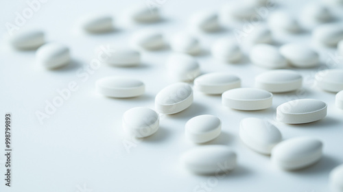 White pills scattered on light background with copy space