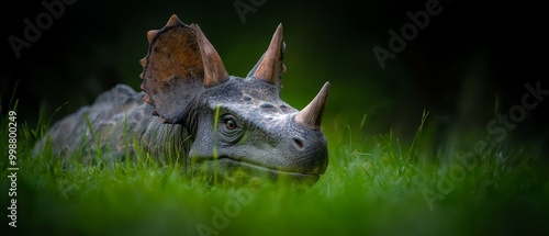  A close-up of a rhinoceros in a field, gazing sideways with its head