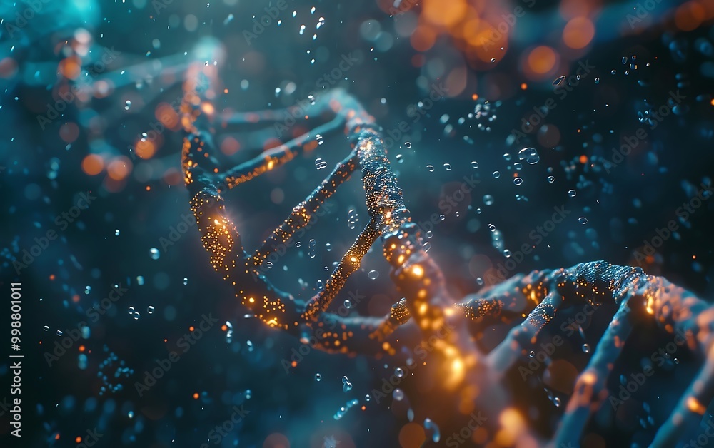 3d rendering of dna molecule with glowing particles on dark background 3d rendering of dna molecule with glowing particles on dark background