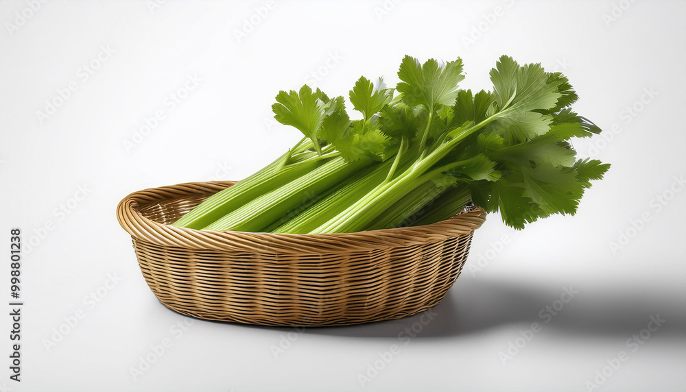 Fresh green celery stalks in a wicker basket on a white background Fresh green celery stalks in a wicker basket on a white background