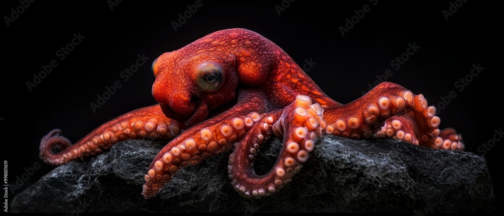 A tight shot of an octopus on a rock, with its large, open eyes and curled tentacles resting on its back A tight shot of an octopus on a rock, with its large, open eyes and curled tentacles resting on its back