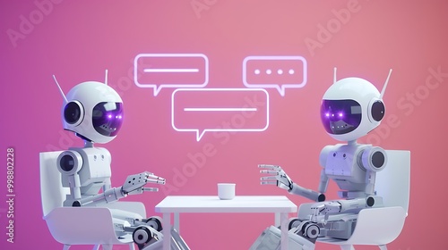 Two robots engaged in conversation at a table with speech bubbles above them. photo