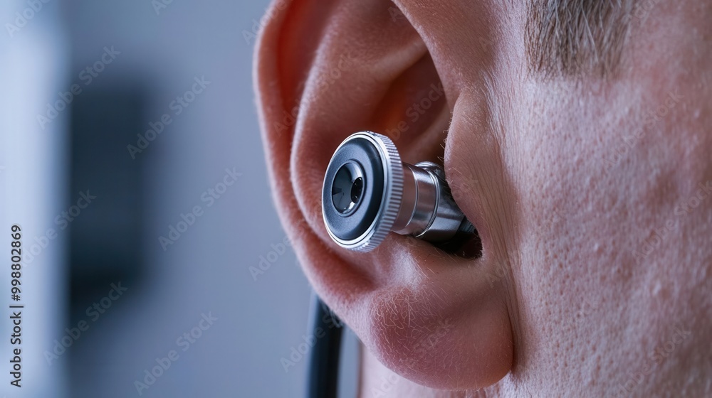 Fototapeta premium Close-up of a doctor using an otoscope to inspect a patient's ear, ear exam, hearing health,