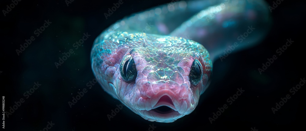 A tight shot of a pink-blue snake's head, mouth agape and eyes fully opened A tight shot of a pink-blue snake's head, mouth agape and eyes fully opened