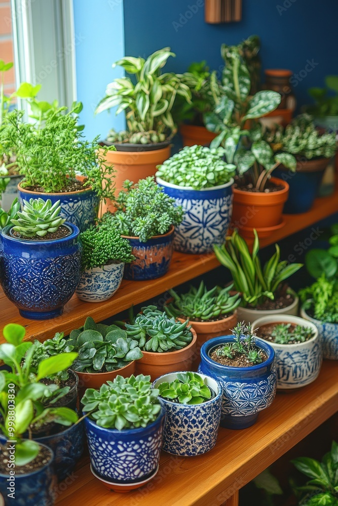 Numerous potted plants are arranged on wooden shelves, enhancing the bright indoor space Numerous potted plants are arranged on wooden shelves, enhancing the bright indoor space