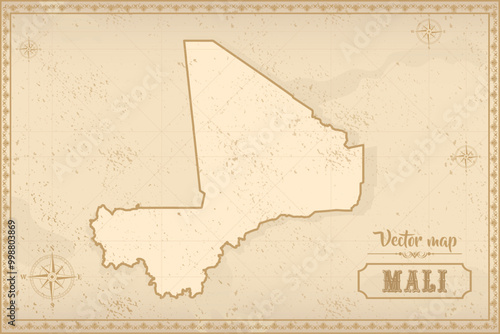 Map of Mali in the old style, brown graphics in retro fantasy style