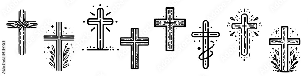 Fototapeta premium black and white vector set of christian cross drawings in multiple hand-drawn styles