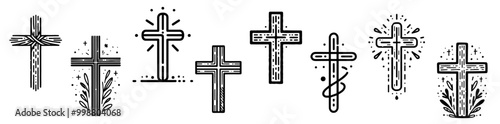 black and white vector set of christian cross drawings in multiple hand-drawn styles