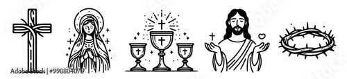 hand-drawn religious chalices featuring cross designs and communion elements in black and white vector