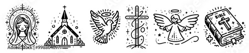 hand-drawn christian symbols: jesus, mary, dove, cross, and bible in black and white vector
