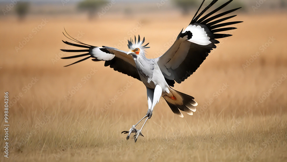 Secretary bird mid-jump, wings open in dry grassland, closeup shot Secretary bird mid-jump, wings open in dry grassland, closeup shot