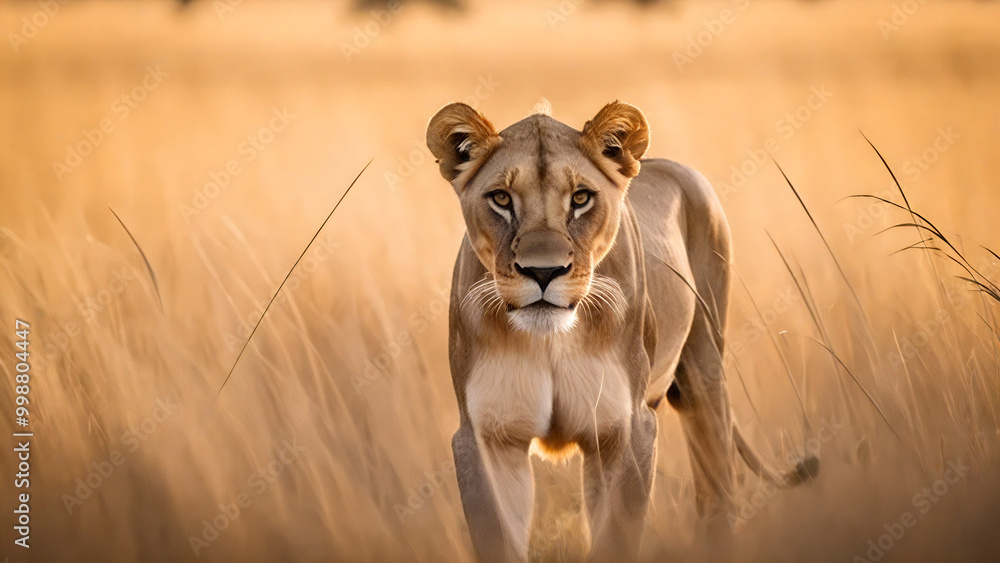 Fototapeta premium Lioness walking through dry savannah grass
