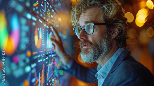 Young businessman presenting financial data on a whiteboard to his team during a meeting in the office, pointing at a chart and table with growth graphics