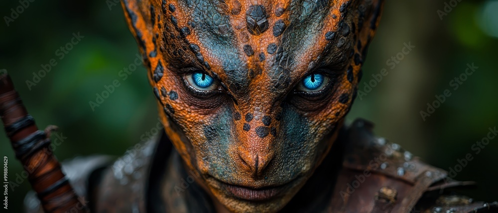 A tight shot of an individual donning a blue-eyed, horned headpiece and wielding a sword A tight shot of an individual donning a blue-eyed, horned headpiece and wielding a sword