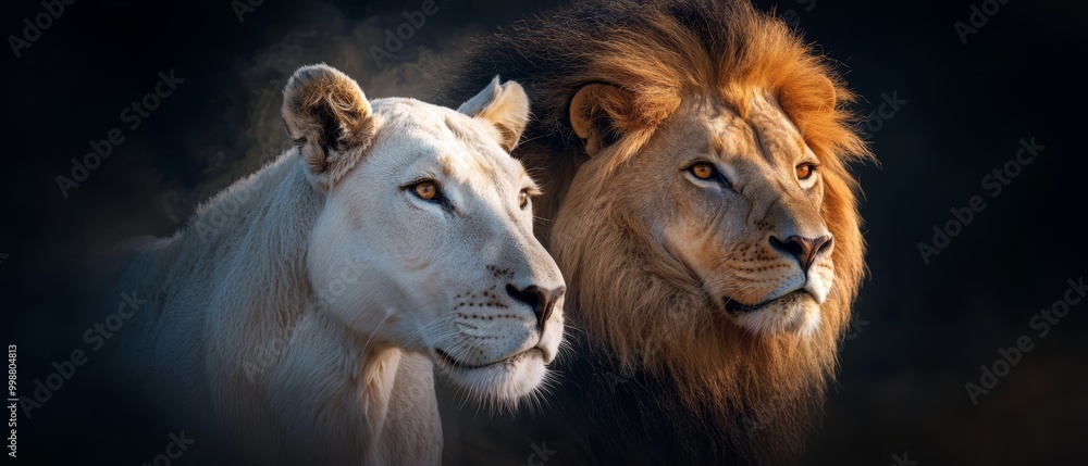 Two white lions pose side by side against a backdrop of blackness, emitting smoke from their intense, smoldering eyes Two white lions pose side by side against a backdrop of blackness, emitting smoke from their intense, smoldering eyes
