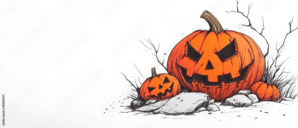 A jack-o-lantern sits in the snow, surrounded by two identical jack-o-lanterns A jack-o-lantern sits in the snow, surrounded by two identical jack-o-lanterns