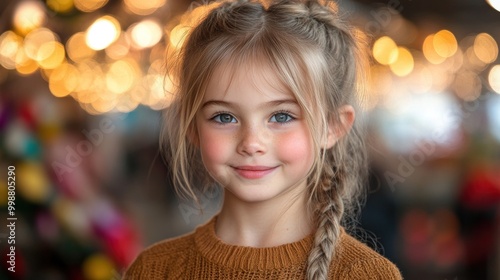 A young girl with braided hair is smiling joyfully in a festive setting with bright lights