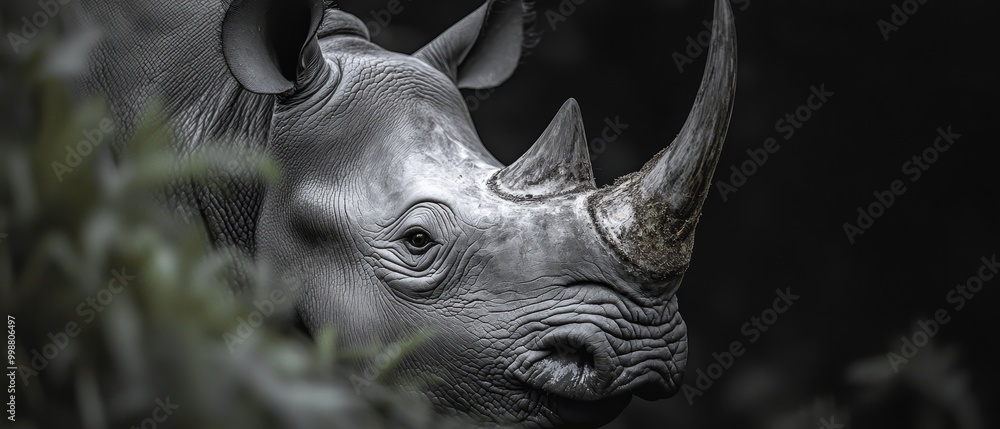A tight shot of a rhino's face in monochrome, a bush lies near in the foreground A tight shot of a rhino's face in monochrome, a bush lies near in the foreground