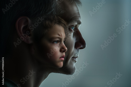World Mental Health Day, Movember, Inner struggle: adult's calm exterior with an emotional inner child battling pain and anger, mental health, assertiveness 