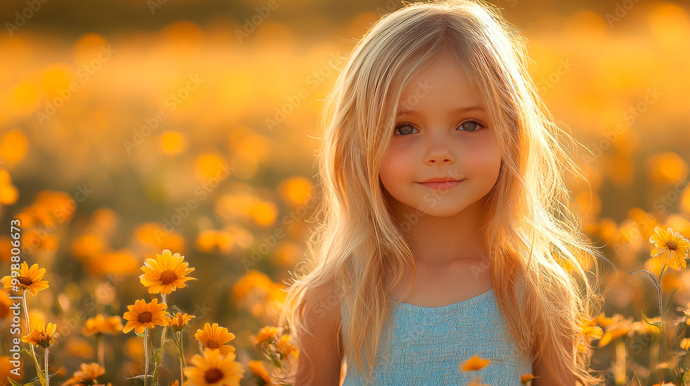 Beautiful cute little girl in a summer flowers field, natural style by shooting during the golden hour. Beautiful cute little girl in a summer flowers field, natural style by shooting during the golden hour.