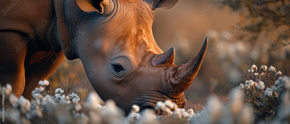 A tight shot of a rhinoceros grazing in a flower-filled field White blooms populate the foreground, contrasting against the brown rhino in the background A tight shot of a rhinoceros grazing in a flower-filled field White blooms populate the foreground, contrasting against the brown rhino in the background
