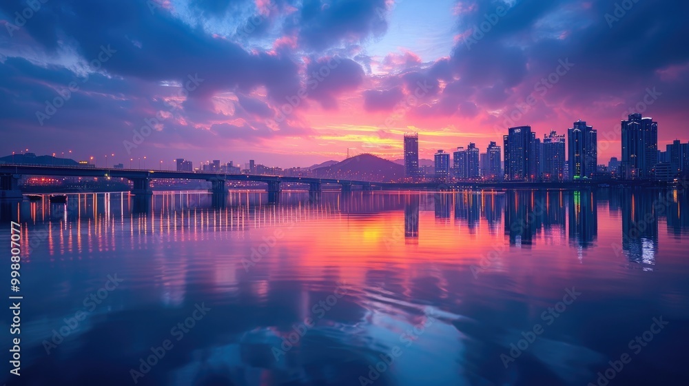 Fototapeta premium A vibrant cityscape silhouette reflected in the water at sunset. The sky is a mix of pink, orange, and purple hues.