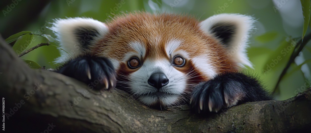 A red panda, in a tight close-up, grips a tree branch with its paws A red panda, in a tight close-up, grips a tree branch with its paws