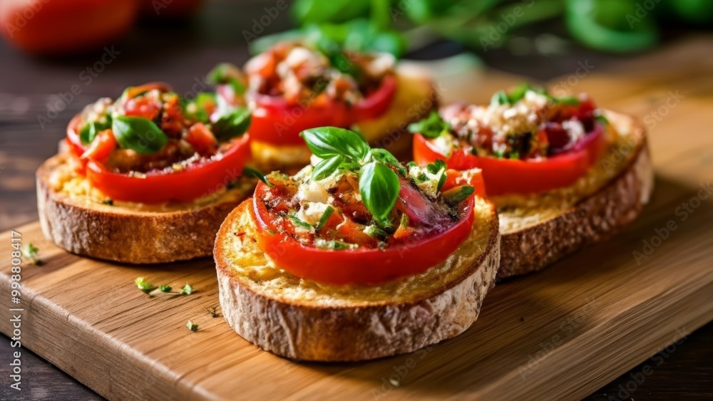 Freshly sliced tomatoes on rustic bread ready to be savored Freshly sliced tomatoes on rustic bread ready to be savored