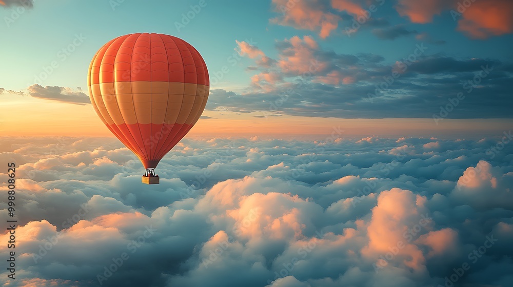 A single hot air balloon floats above a sea of clouds at sunset. A single hot air balloon floats above a sea of clouds at sunset.