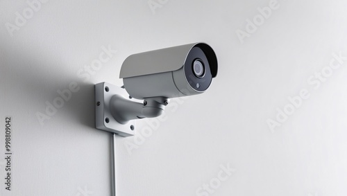 A minimalist CCTV camera with a clean, sleek design mounted on a plain white wall. The camera’s simple aesthetic contrasts with the blank background, providing an unobtrusive yet functional security