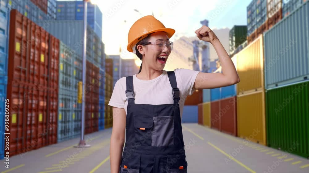 Asian Woman Worker Wearing Goggles And Safety Helmet Smiling And Flexing Her Bicep While Standing At Container Yard Warehouse Asian Woman Worker Wearing Goggles And Safety Helmet Smiling And Flexing Her Bicep While Standing At Container Yard Warehouse
