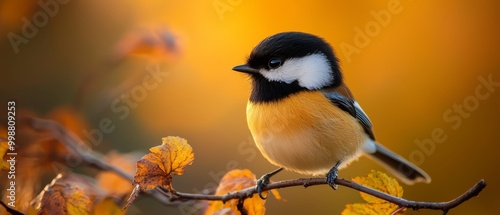  A small bird sits on a branch, surrounded by yellow leaves in the foreground The background softly blends into a blur of autumn foliage