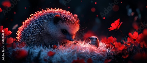  A pair of hedgehogs resting side by side atop a green grassy expanse sprinkled with red blooms photo