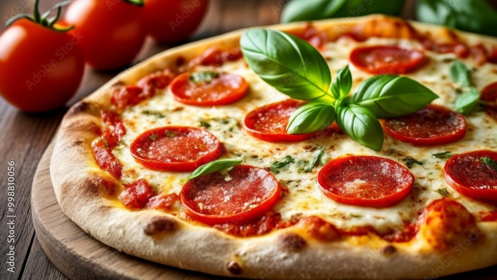 Freshly baked pizza with vibrant toppings ready to be savored Freshly baked pizza with vibrant toppings ready to be savored
