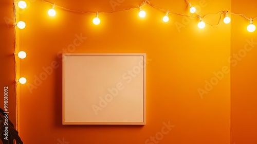 Minimalist studio backdrop featuring a blank white frame against a vibrant orange wall adorned with white fairy lights. Ideal for showcasing products or creating a festive Halloween atmosphere. 