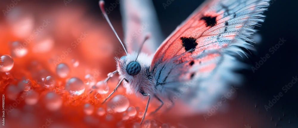 A red and white butterfly in tight focus, its wings speckled with water drops, against a black backdrop A red and white butterfly in tight focus, its wings speckled with water drops, against a black backdrop