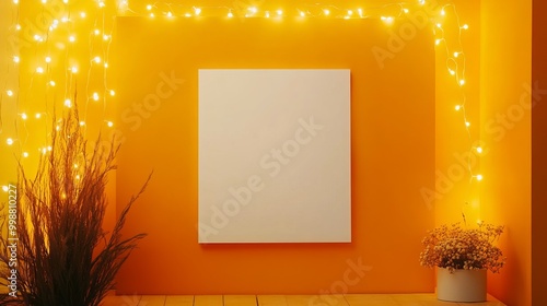 Minimalist studio backdrop featuring a blank white frame against a vibrant orange wall adorned with white fairy lights. Ideal for showcasing products or creating a festive Halloween atmosphere. 