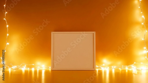 Minimalist studio backdrop featuring a blank white frame against a vibrant orange wall adorned with white fairy lights. Ideal for showcasing products or creating a festive Halloween atmosphere. 